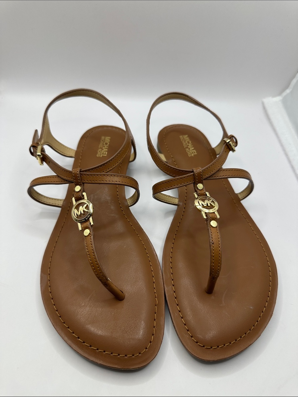 Michael Kors Bethany Leather T-Strap Sandals with Gold Logo, NWOT